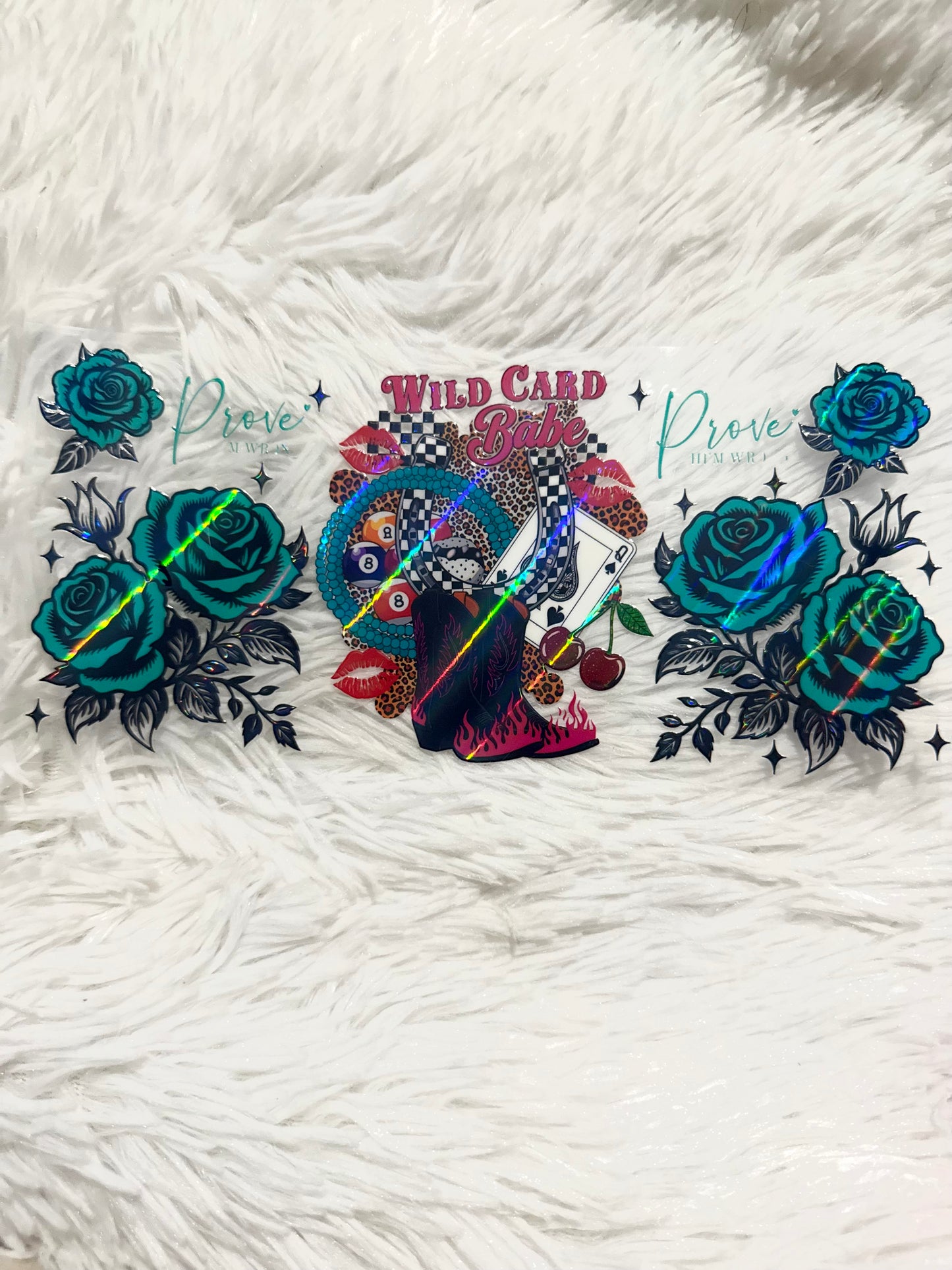 W184. Wild Card Babe Cow Boy Boot Rose Card Pool Holographic Tumbler Wrap