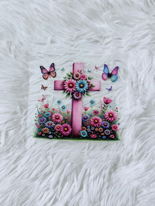 D23. Wooden Pink Butterfly Flower Cross
