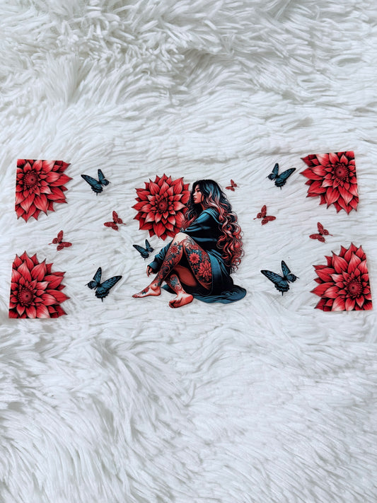 B65. Leg Tattoo Sitting Girl Butterfly Flowers