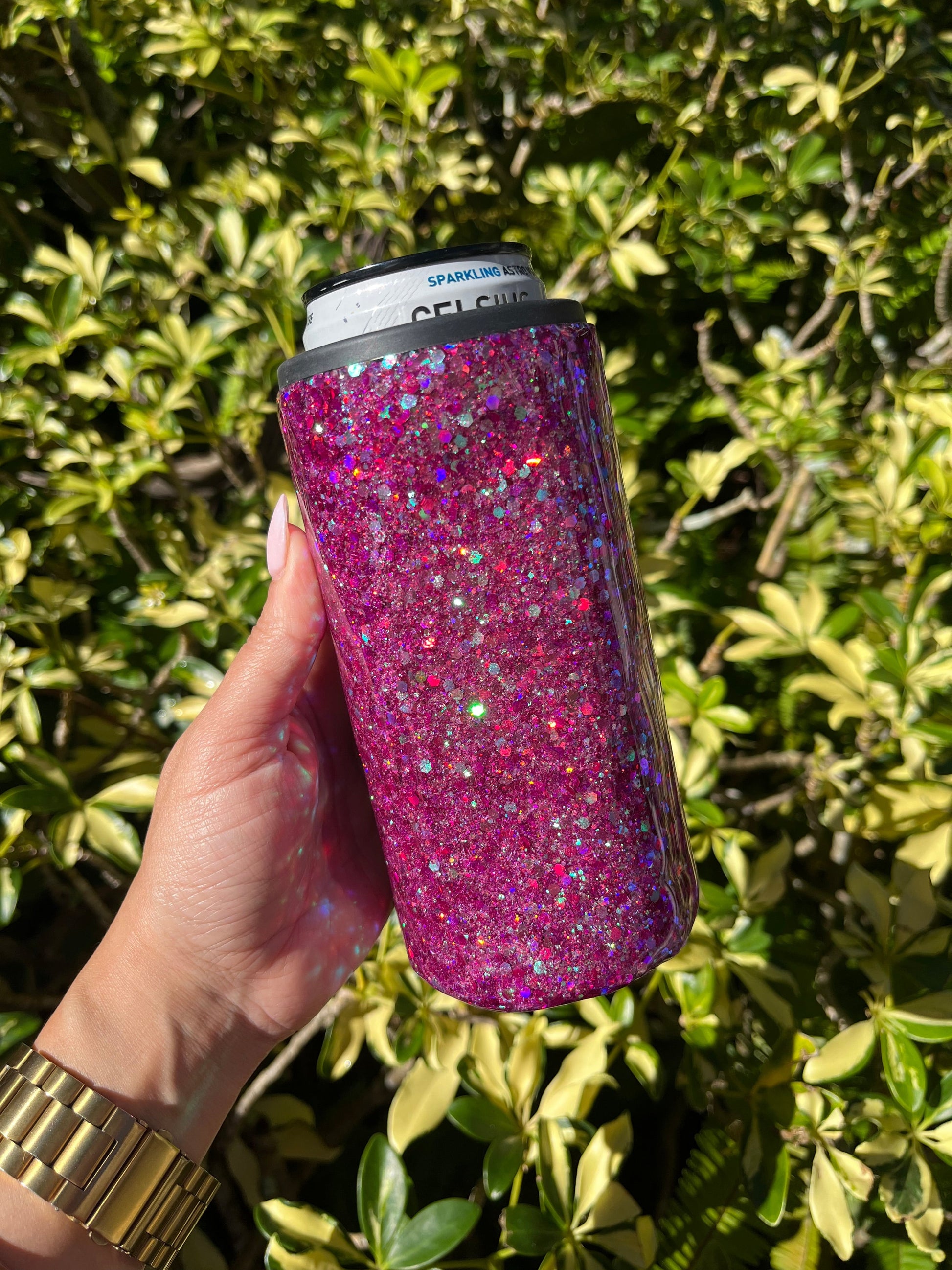 Retro Pink Glittered Slim Can Cooler Stainless Steel Tumbler Personalize It By Belle