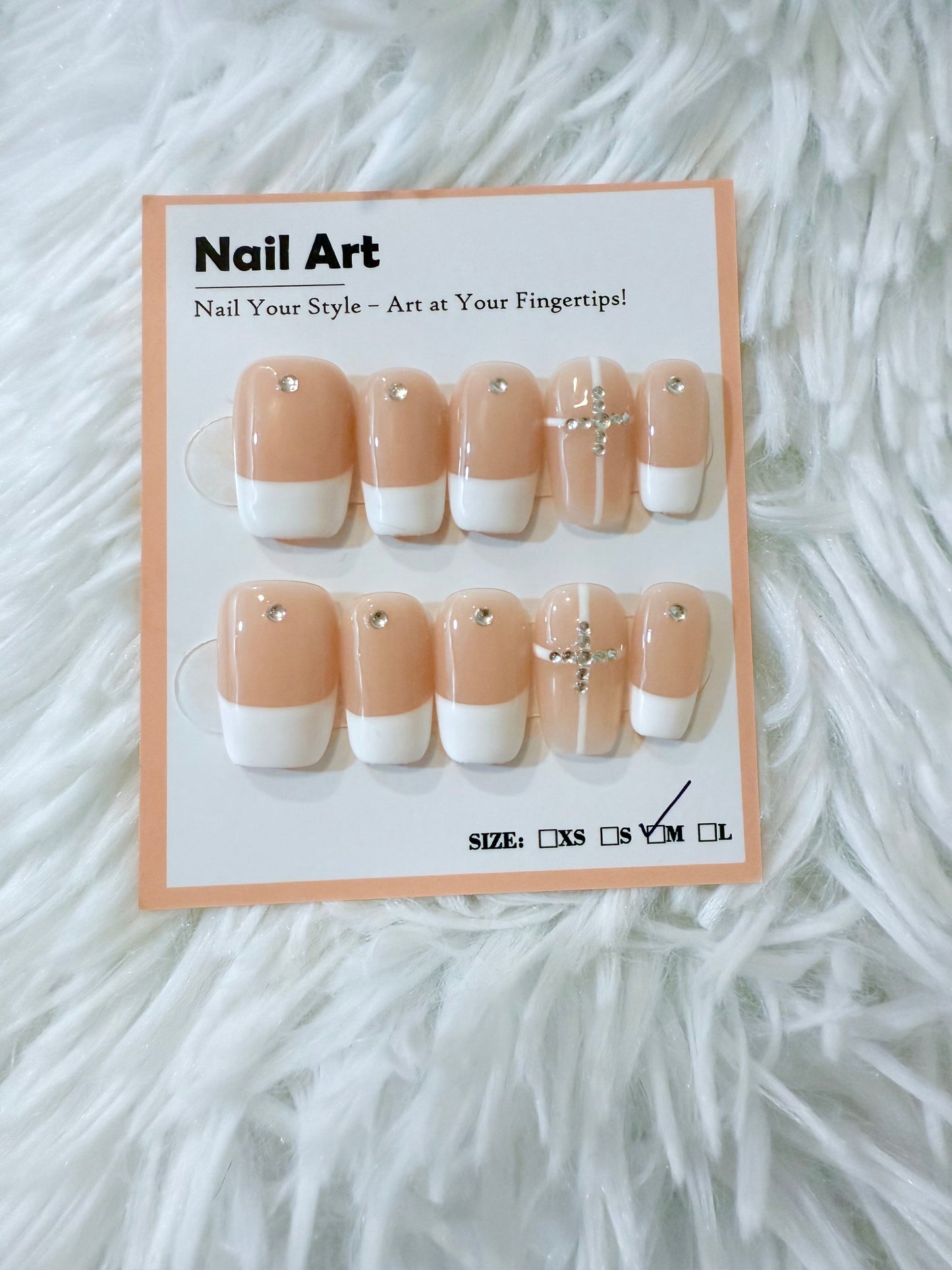 White Tip Beige Base Rhinestones Coffin (Medium) Acrylic Style Press On Nails