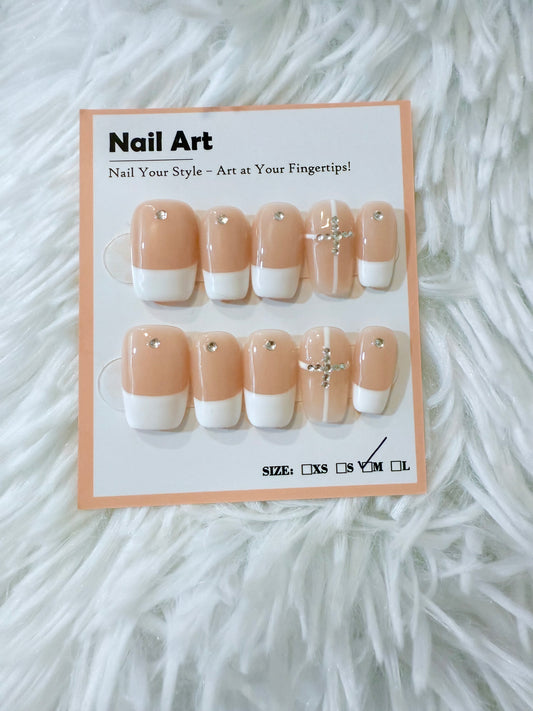 White Tip Beige Base Rhinestones Coffin (Medium) Acrylic Style Press On Nails