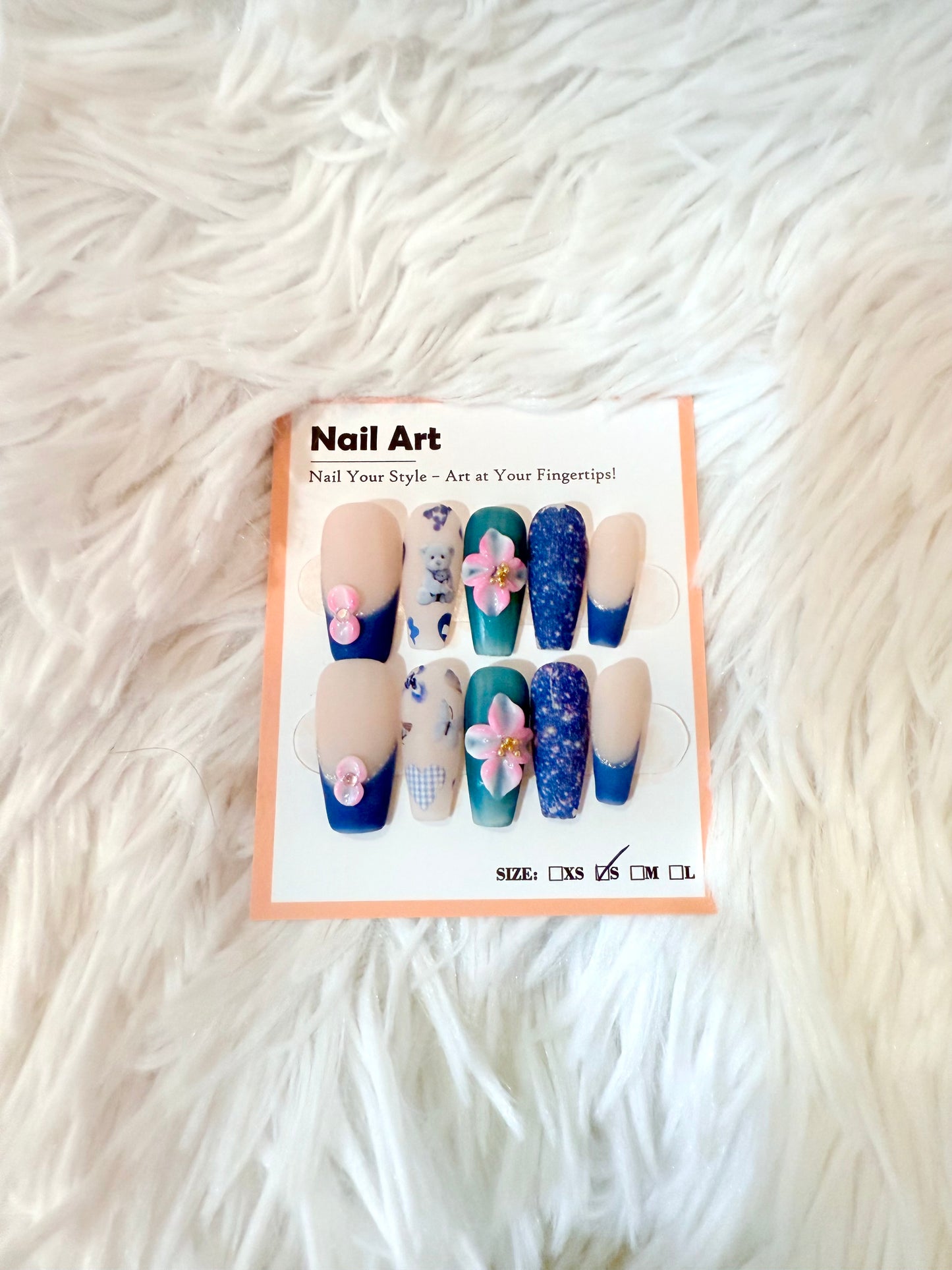 Matte Bear Jean Blue 3D Flower Coffin (Small) Acrylic Style Press On Nails