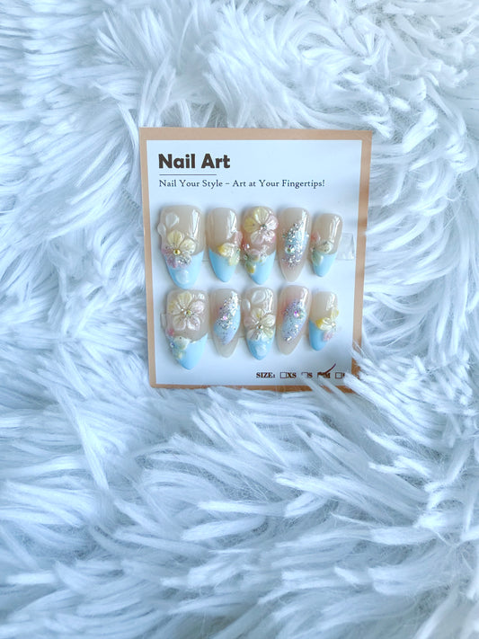 Light Blue Tip 3D Roses Almond Style (Medium) Acrylic Style Press On Nails