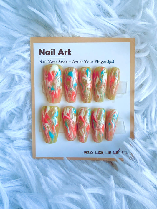 Yellow Marble Design (Medium) Acrylic Style Press On Nails