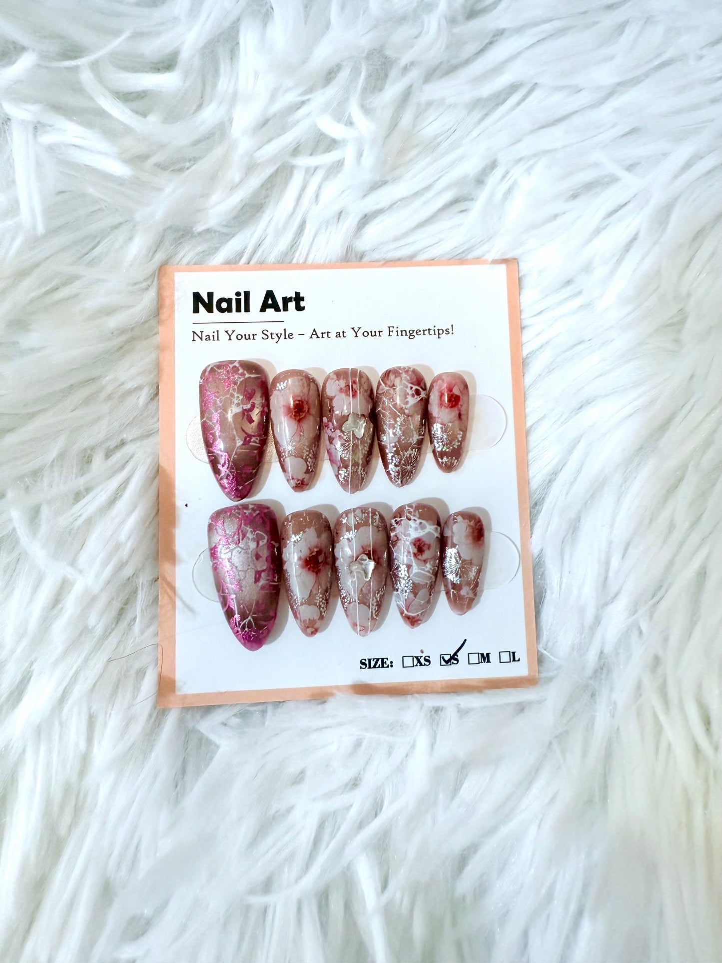 Blossom Flowers Pink Purple 3D Stones Almond (Medium) Acrylic Style Press On Nails