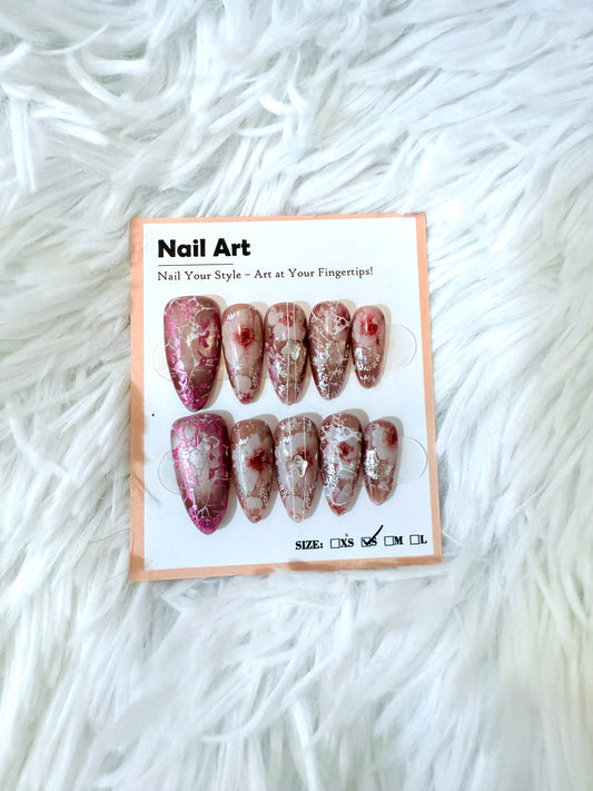 Blossom Flowers Pink Purple 3D Stones Almond (Medium) Acrylic Style Press On Nails