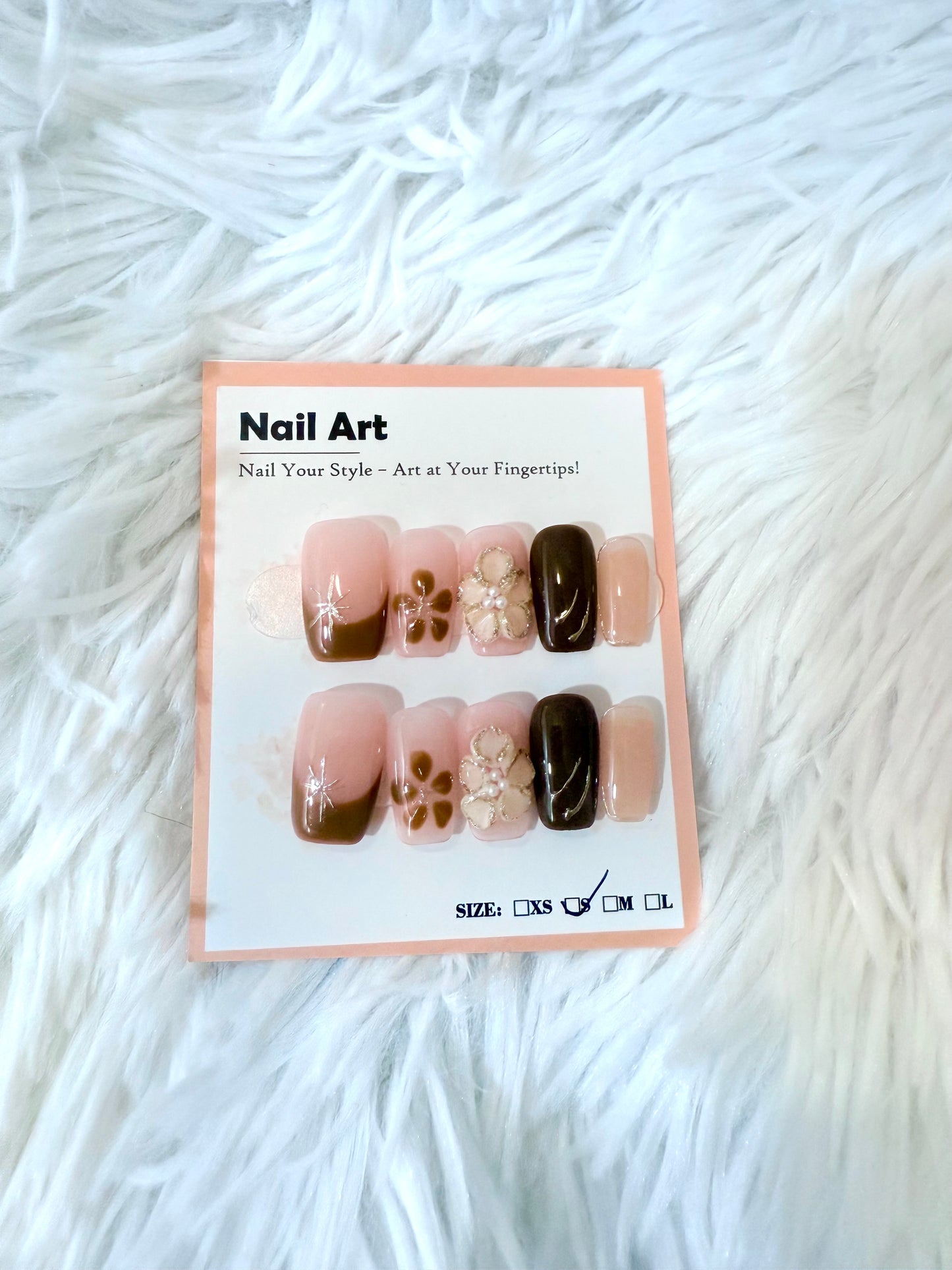 Brown Tip 3D Flower Design Coffin (Small) Acrylic Style Press On Nails