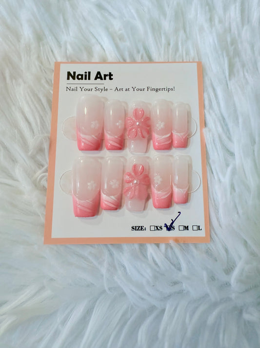 Shy Pink 3D Flower Coffin (Small) Acrylic Style Press On Nails