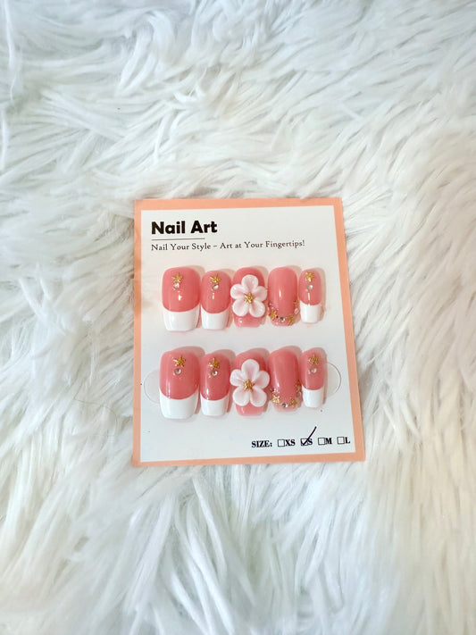 Pink and White Tip Gold and 3D Flower Coffin (Small) Acrylic Style Press On Nails