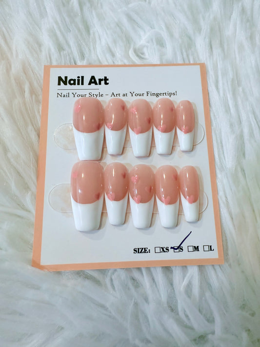 White Tips Pink Hearts Design Coffin (Small) Acrylic Style Press On Nails