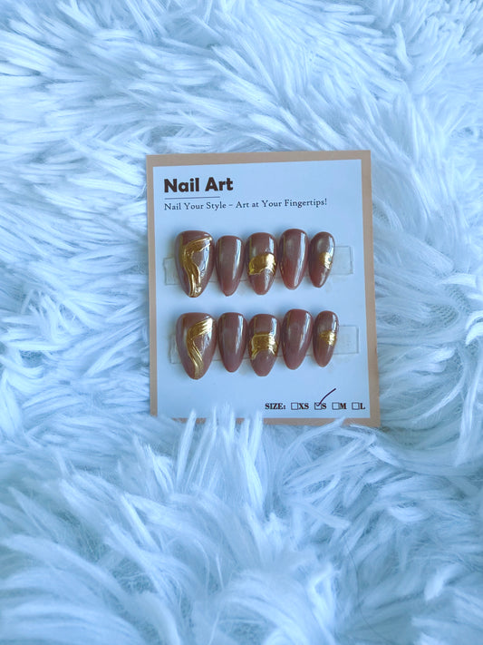 Brown Gold Art Cat Eye Almond (Small) Acrylic Style Press On Nails