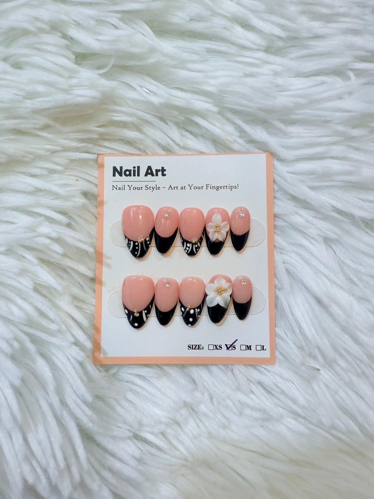 Black Tip Pink Base 3D Flower (Small) Acrylic Style Press On Nails