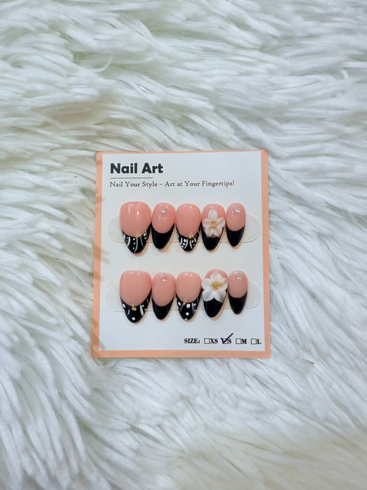 Black Tip Pink Base 3D Flower (Small) Acrylic Style Press On Nails