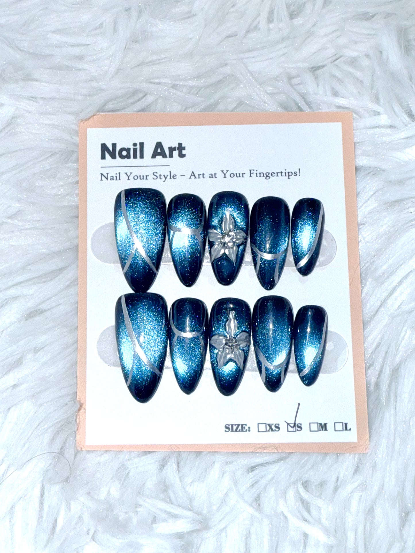 Blue Cat Eye Silver 3D Flower Art Almond (Small) Acrylic Style Press On Nails