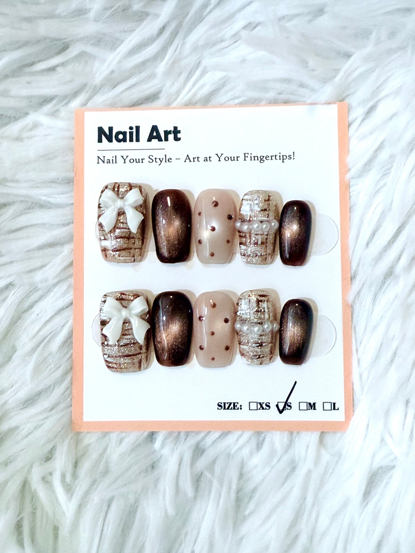 Brown Patterned Designs 3D Bow Cat Eye Coffin (Small) Acrylic Style Press On Nails