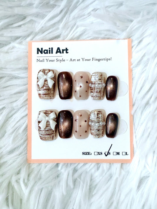 Brown Patterned Designs 3D Bow Cat Eye Coffin (Small) Acrylic Style Press On Nails