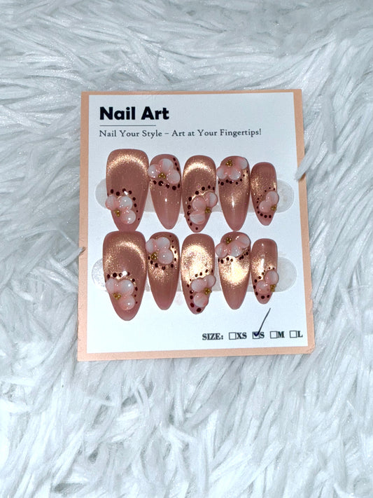 Champagne Gold 3D Flowers Cat Eye Almond (Small) Acrylic Style Press On Nails