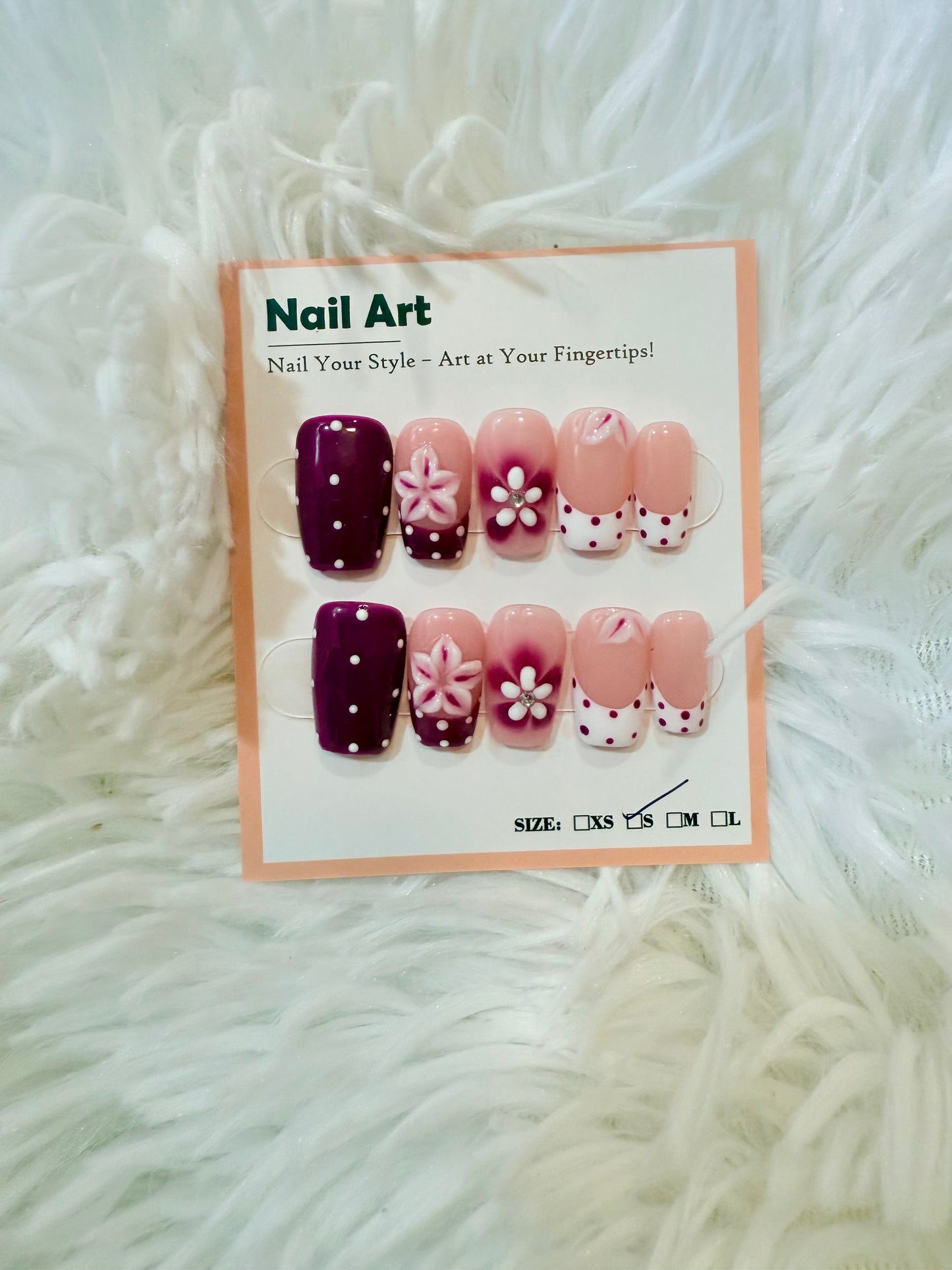Maroon 3D Flower White Tip Coffin (Small) Acrylic Style Press On Nails