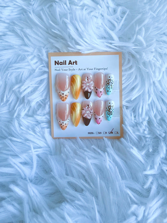 Tropical Beach 3D Flower Almond (Medium) Acrylic Style Press On Nails