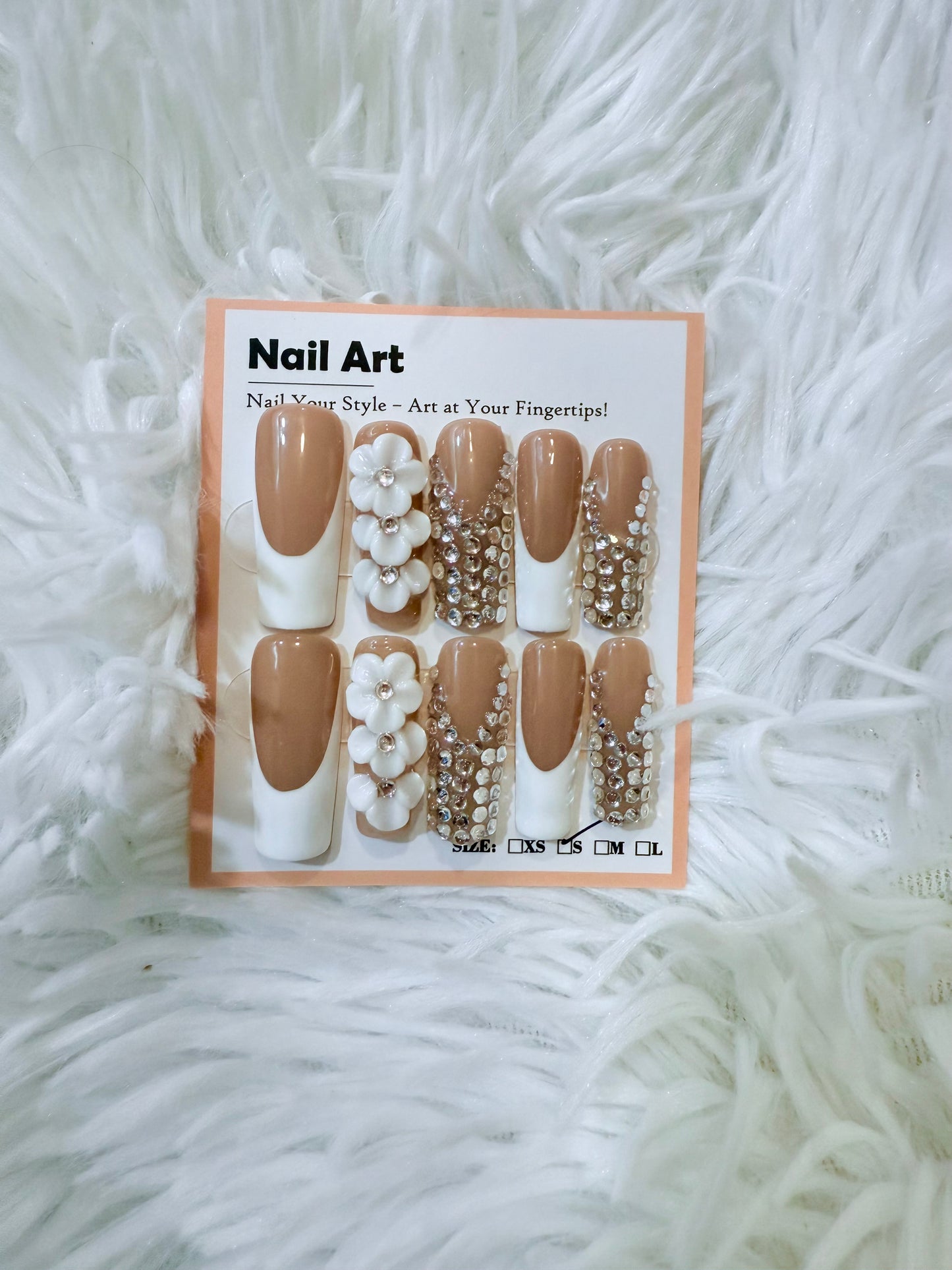 White Bling Stones Tip 3D Flowers Coffin (Small) Acrylic Style Press On Nails