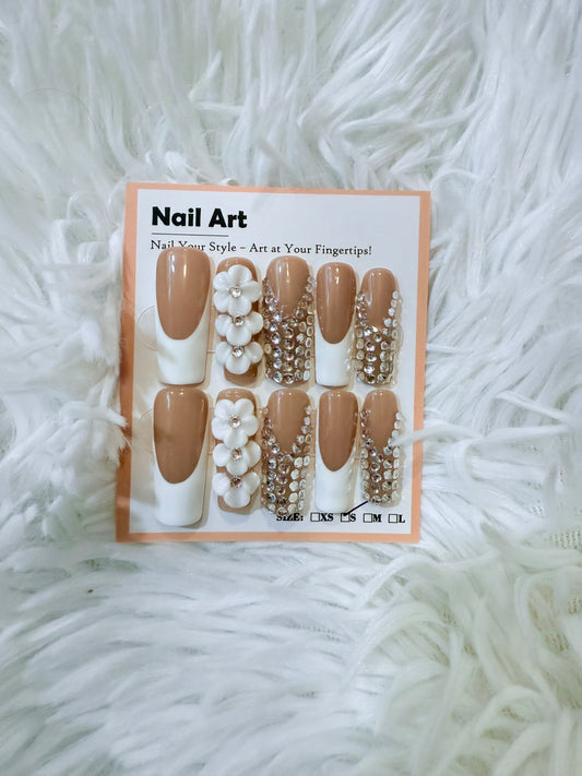 White Bling Stones Tip 3D Flowers Coffin (Small) Acrylic Style Press On Nails