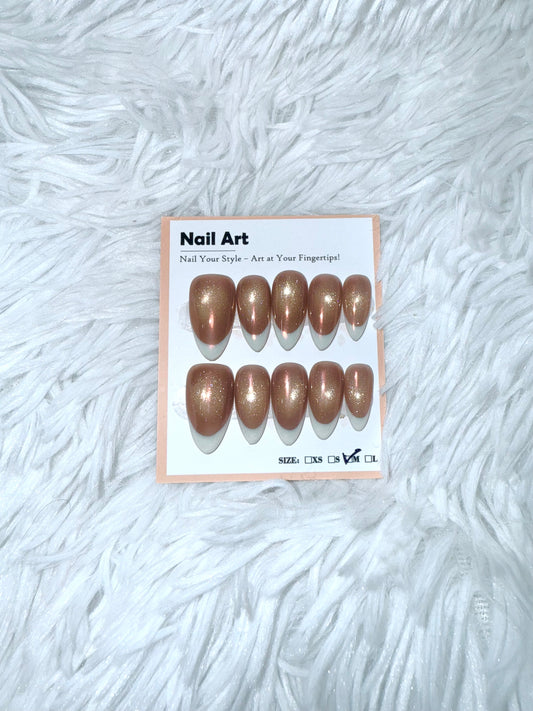 Gold Cat Eye White Tip Almond(Small) Acrylic Style Press On Nails