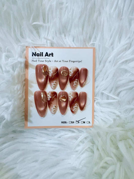 Rose Gold Design Flower Almond (Small) Acrylic Style Press On Nails