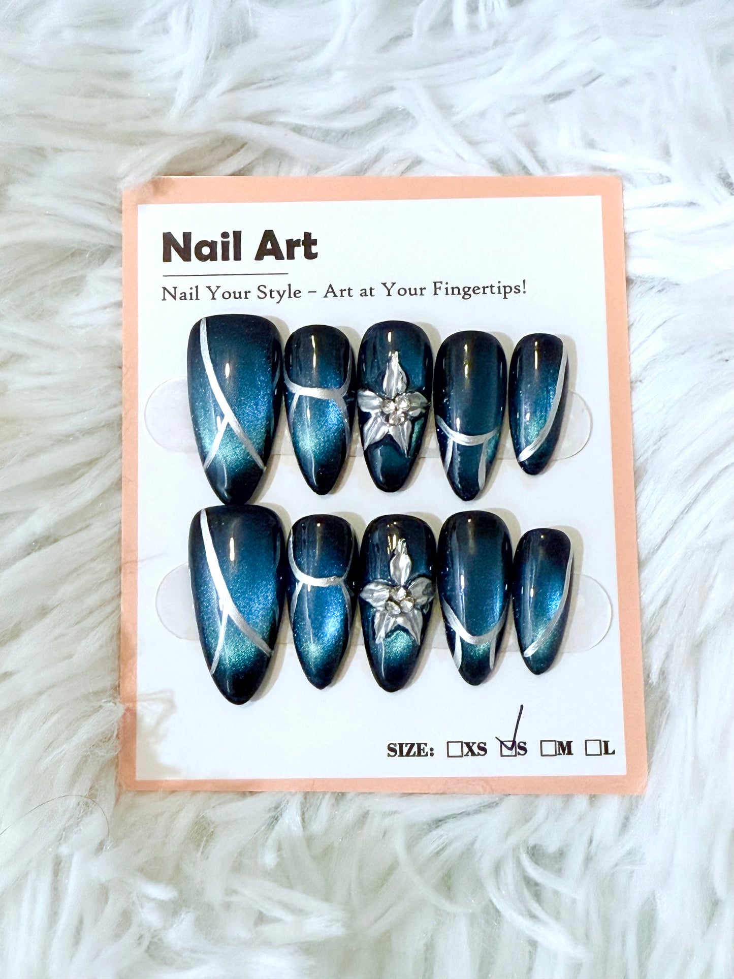 Blue Cat Eye Silver 3D Flower Art Almond (Small) Acrylic Style Press On Nails