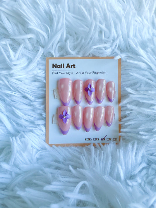 Pink Cat Eye Purple Tip 3D Flower Almond (Small) Acrylic Style Press On Nails