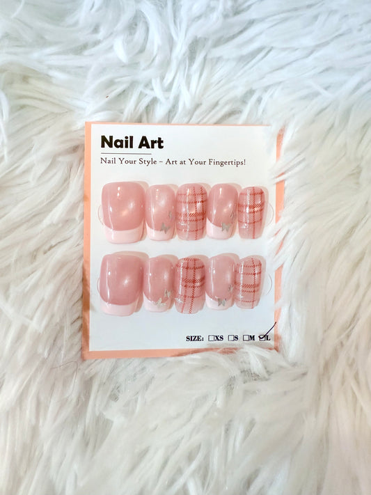 Light Pink Tip Patterned Butterfly Coffin (Large) Acrylic Style Press On Nails