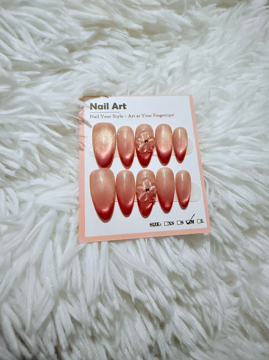 Champagne Red Tip Cat Eye Almond Tip (Medium) Acrylic Style Press On Nails