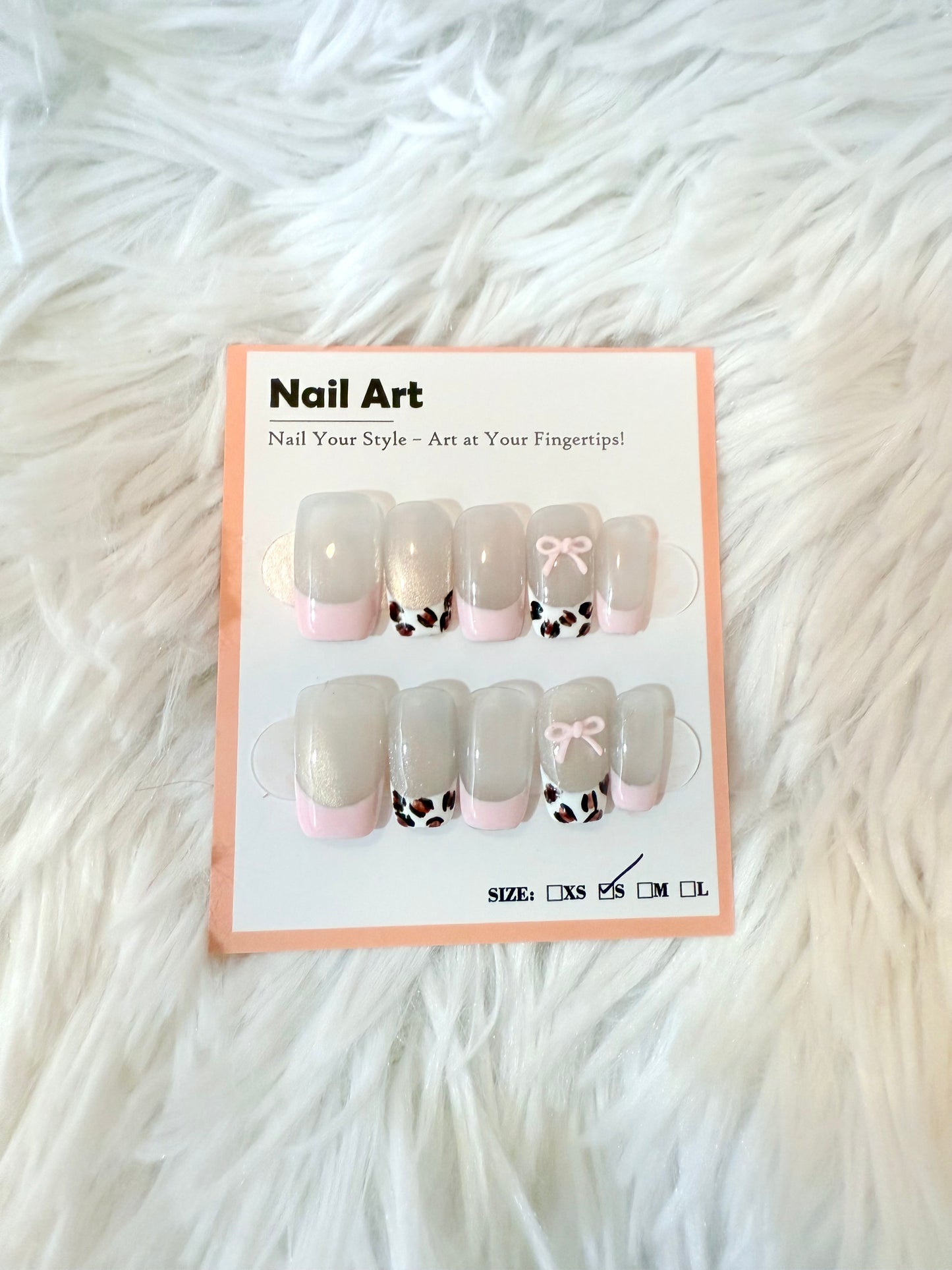 Leopard Silver Cat Eye Pink Bow Tip Coffin (Small) Acrylic Style Press On Nails
