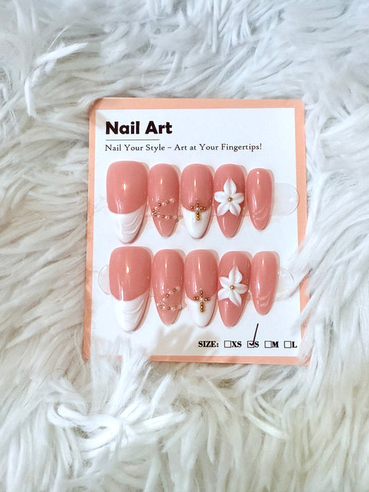 Pink and White Tip Cross 3D Flower Almond (Small) Acrylic Style Press On Nails
