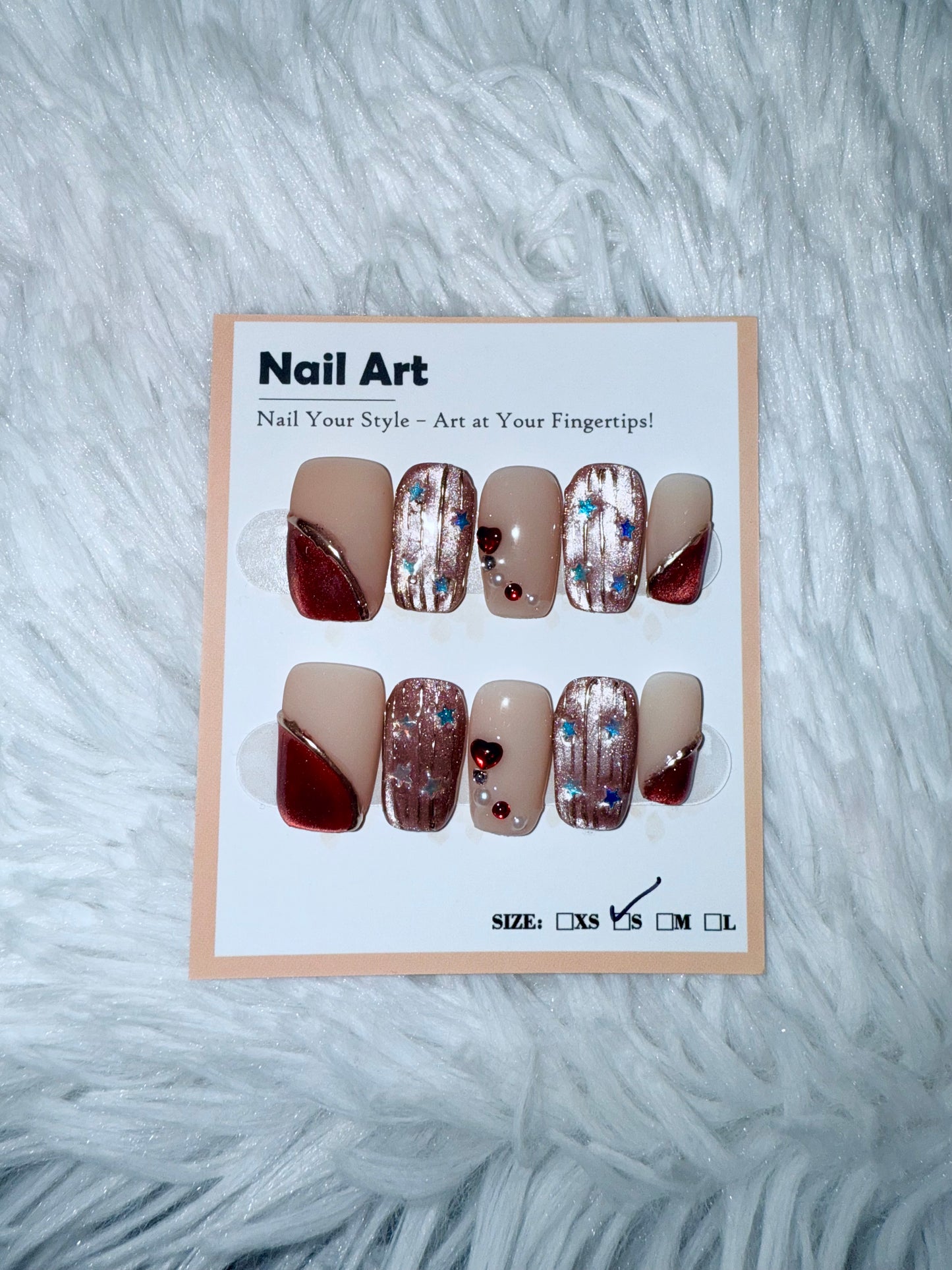 Burgundy Beige Cat Eye Star Heart Matte Coffin(Small) Acrylic Style Press On Nails