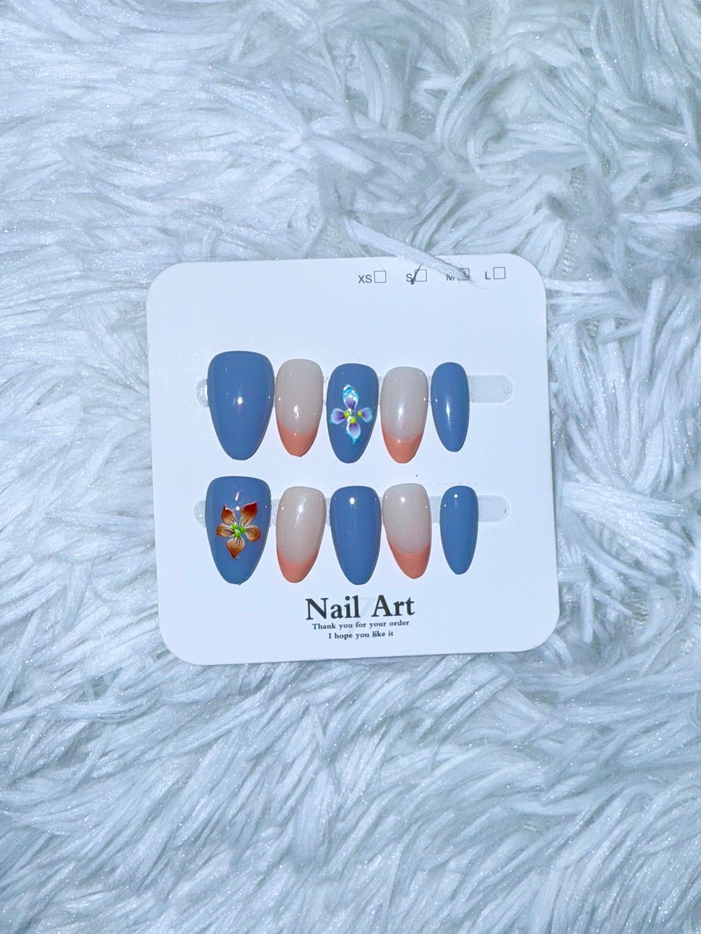 Coral Tip Periwinkle Flower Almond Small Acrylic Style Press On Nails