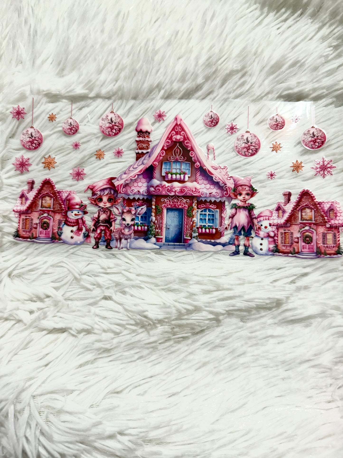 W123. Winter Pink Candyland Elf House Northpole Tumbler Wrap