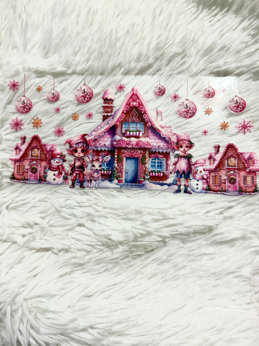 W123. Winter Pink Candyland Elf House Northpole Tumbler Wrap