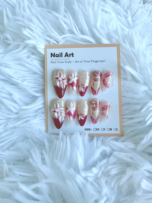 Red Tip Butterfly Hand Art Almond (Small) Acrylic Style Press On Nails
