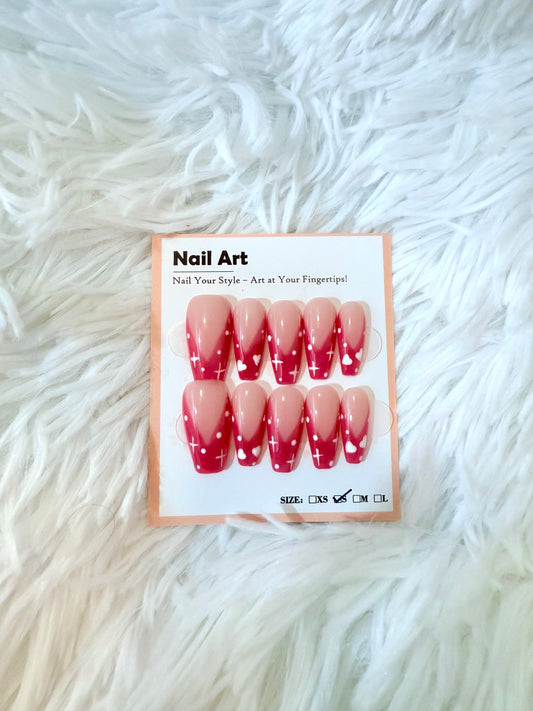 Pink Heart Tips Design Coffin (Small) Acrylic Style Press On Nails