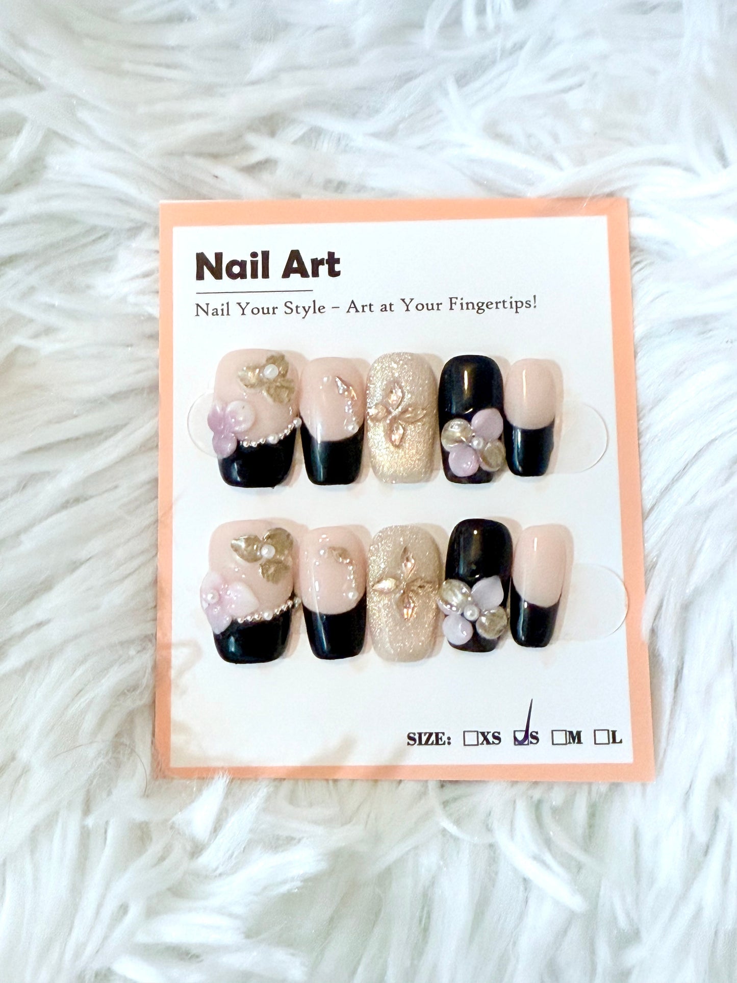 Gold Black Tip 3D Flower Art Coffin (Small) Acrylic Style Press On Nails