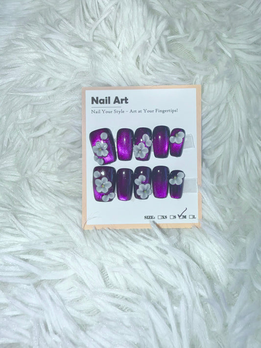 Plum Cat Eye 3D Flower Coffin (Medium) Acrylic Style Press On Nails