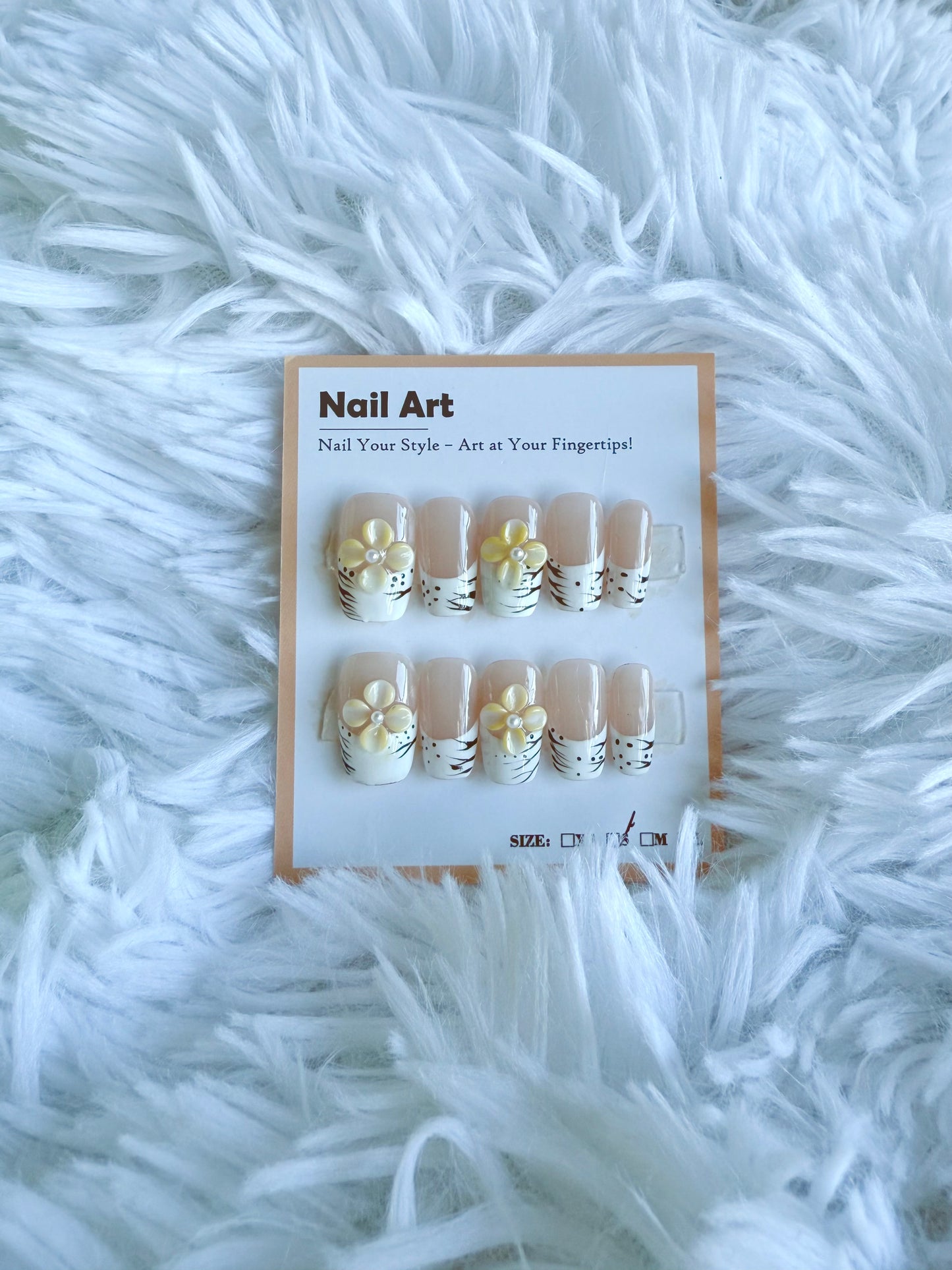 White Tip Black Stripe Yellow Flowers (Small) Acrylic Style Press On Nails