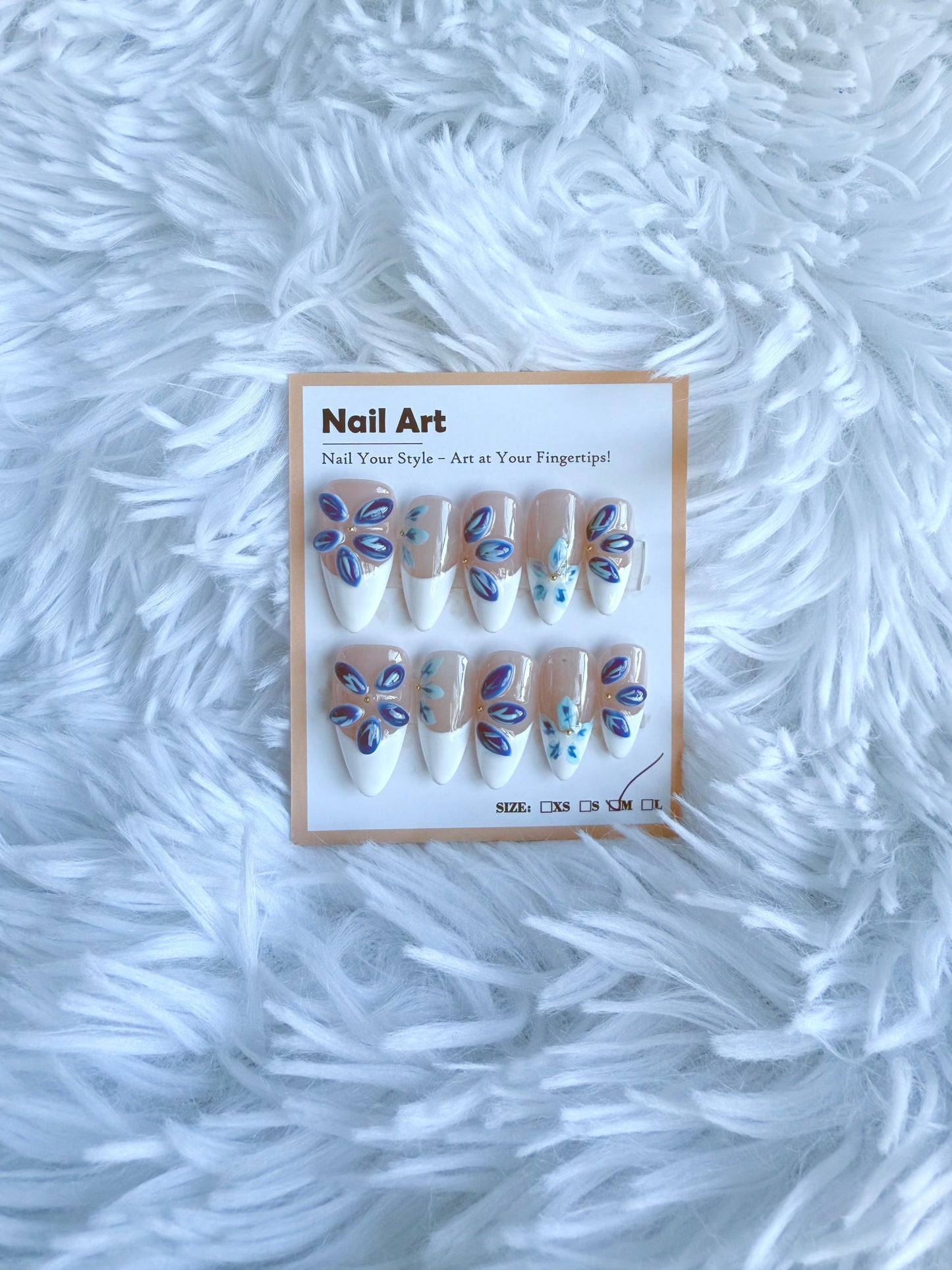 White Tip Blue 3D Petals Almond (Medium) Acrylic Style Press On Nails