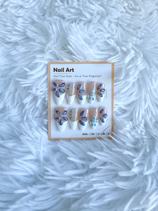 White Tip Blue 3D Petals Almond (Medium) Acrylic Style Press On Nails