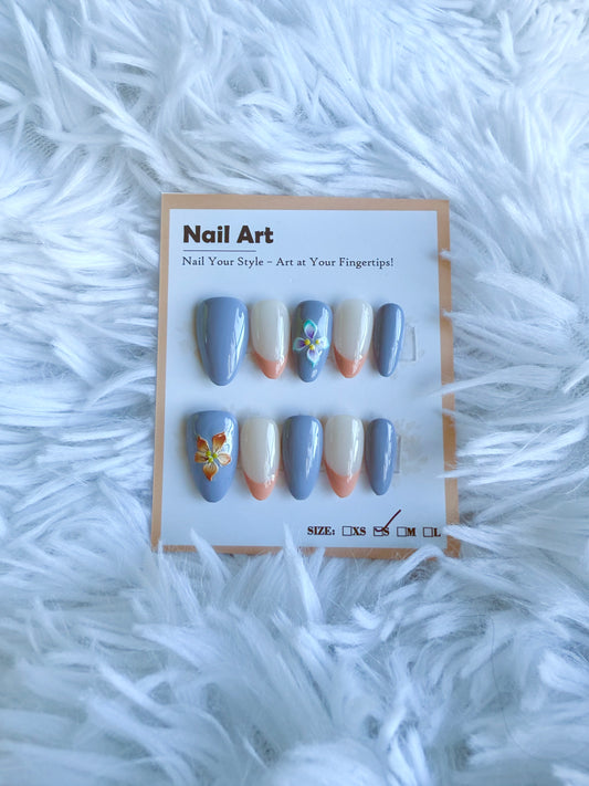 Coral Tip Periwinkle Flower Almond Small Acrylic Style Press On Nails