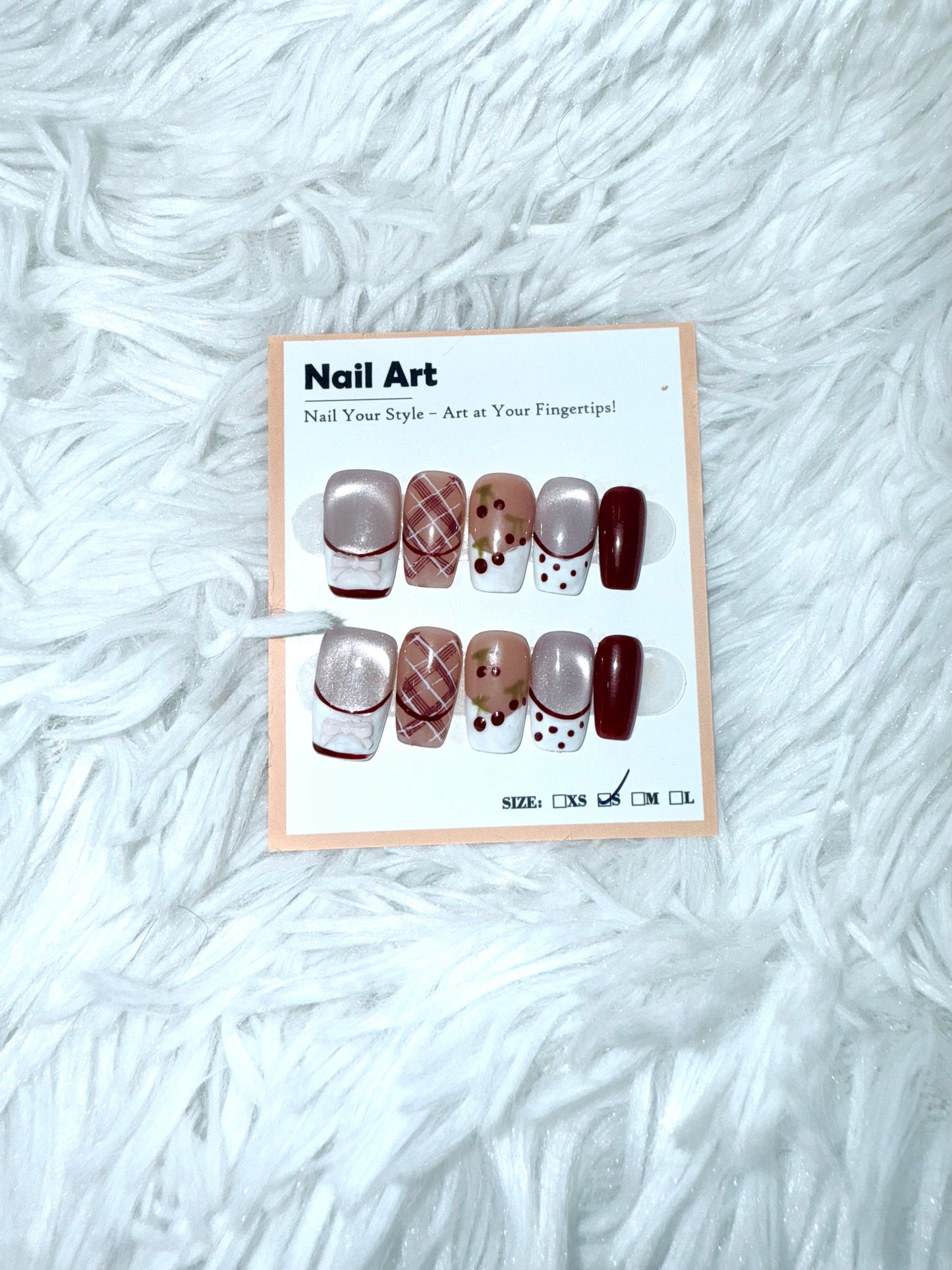 Maroon White Cat Eye 3D Bow Coffin (Small) Acrylic Style Press On Nails