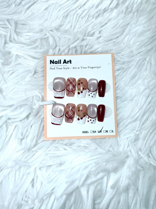 Maroon White Cat Eye 3D Bow Coffin (Small) Acrylic Style Press On Nails