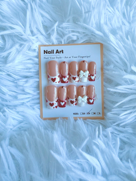 Heart Bow Red White Tip Coffin (Small) Acrylic Style Press On Nails