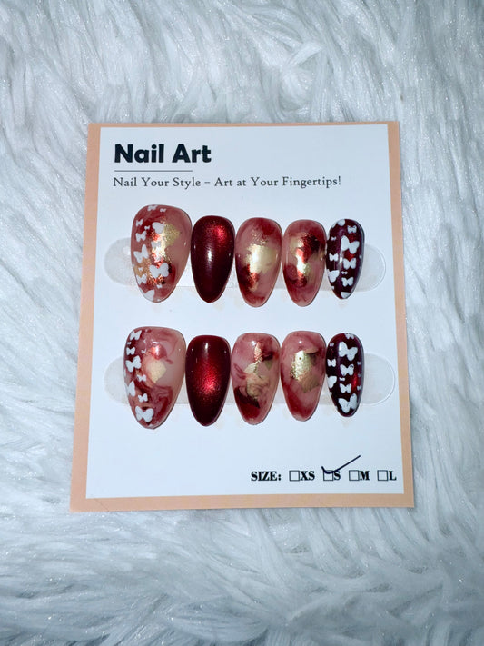 Red Gold Butterfly Marble Almond (Small) Acrylic Style Press On Nails